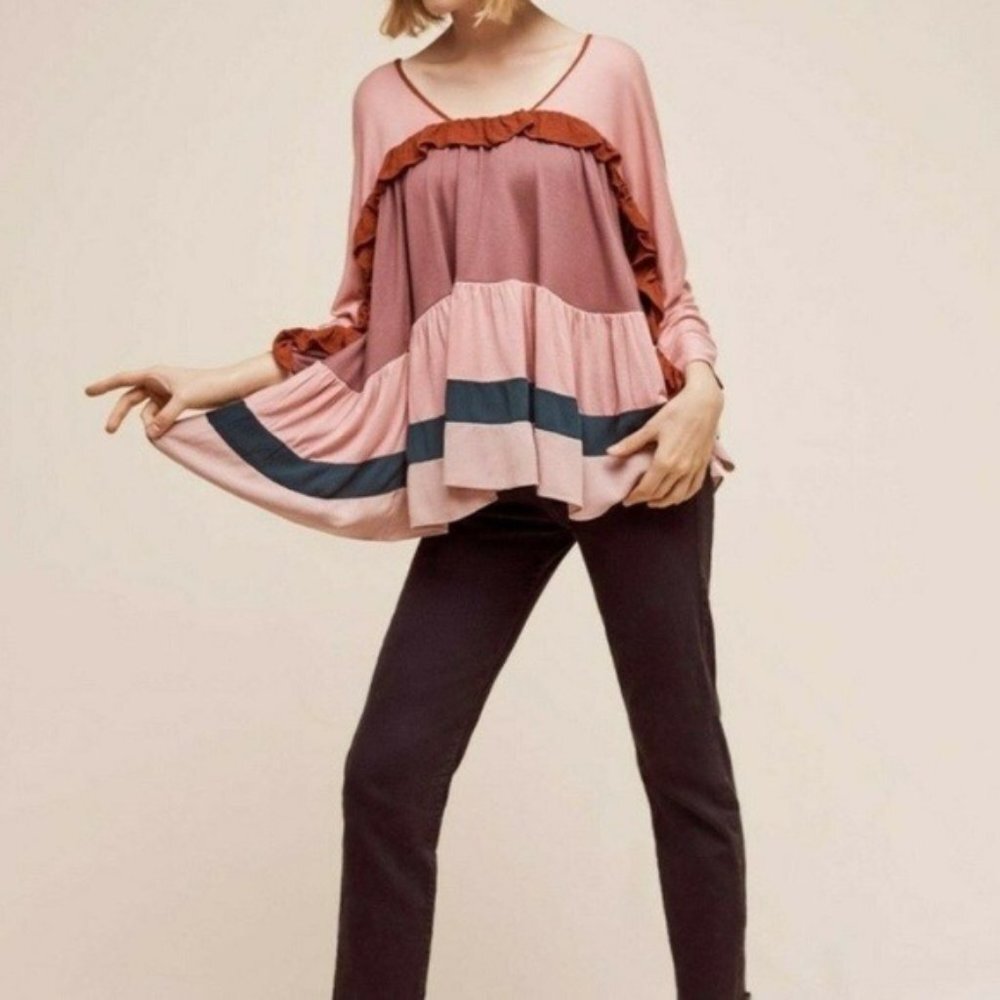 ANTHROPOLOGIE Meadow Rue Tiered Ruffle Swing Striped Top Blouse Size MEDIUM EUC